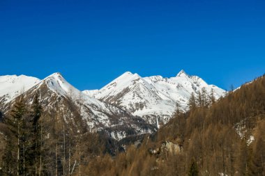 Spring slowly coming to tall Alps. Slopes are partially covered with snow. Grass is dried and colourless. Trees are golden. There is a little mist in the valley. Clear and sunny day.