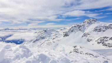 Beautiful and serene landscape of mountains covered with snow in Moelltaler Gletscher, Austria. Thick snow covers the slopes. Clear weather. Perfectly groomed slopes. Massive ski resort. Glacier skiing