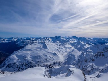 Beautiful and serene landscape of mountains covered with snow in Moelltaler Gletscher, Austria. Thick snow covers the slopes. Clear weather. Perfectly groomed slopes. Massive ski resort. Glacier skiing
