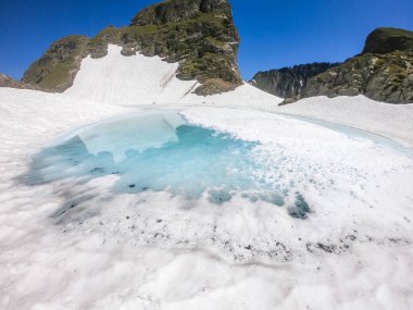 A view on a ice-frozen alpine lake. The ice shines in many different shades of blue. Lake is surrounded by tall mountains. There is no snow on the peaks. Spring slowly coming to high altitudes