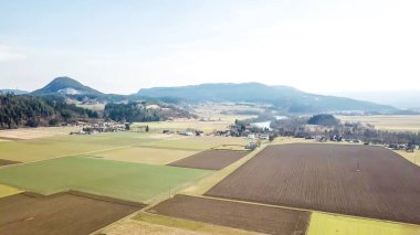 A panoramic, drone shot of an alpine landscape of Austria. Lush green meadows and crop fields spread on a vast surface. There are high Alps in the back. Idyllic landscape.