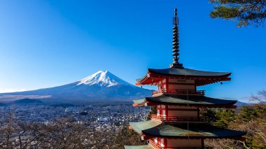 View on Chureito Pagoda and mountain of the mountains Mt Fuji, Japan, captured on a clear, sunny day in winter. Top of the volcano covered with snow. Trees aren't blossoming yet. Postcard from Japan.