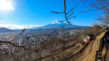 A few tree branches with flower buds on disturbing a clear, distant view on Mt Fuji in Japan on a clear, wintery day. The top parts of the volcano are covered with a layer of snow. Holly mountain