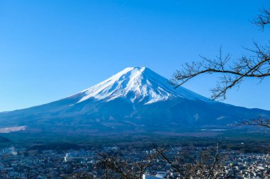 A distant view on Mt Fuji in Japan on a clear, wintery day. The top parts of the volcano are covered with a layer of snow. Holly mountain of Japan. A few tree branches in the frame.