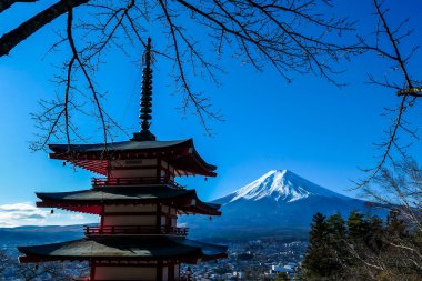 View on Chureito Pagoda and mountain of the mountains Mt Fuji, Japan, captured on a clear, sunny day in winter. Top of the volcano covered with snow. Trees aren't blossoming yet. Postcard from Japan.