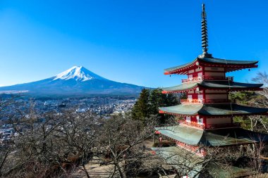 View on Chureito Pagoda and mountain of the mountains Mt Fuji, Japan, captured on a clear, sunny day in winter. Top of the volcano covered with snow. Trees aren't blossoming yet. Postcard from Japan.