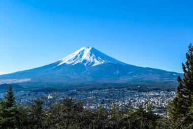 A distant view on Mt Fuji in Japan on a clear, wintery day. The top parts of the volcano are covered with a layer of snow. Holly mountain of Japan. A few tree branches in the frame.