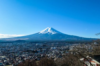 A distant view on Mt Fuji in Japan on a clear, wintery day. The top parts of the volcano are covered with a layer of snow. Holly mountain of Japan. A few tree branches in the frame.