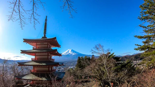 View Chureito Pagoda Mountain Mountains Fuji Japan Captured Clear Sunny — 图库照片
