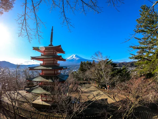 在日本富士山的楚里托宝塔和高山上 冬季阳光明媚的一天捕捉到的风景 火山顶上被雪覆盖着 树还没有开花呢 来自日本的明信片 — 图库照片