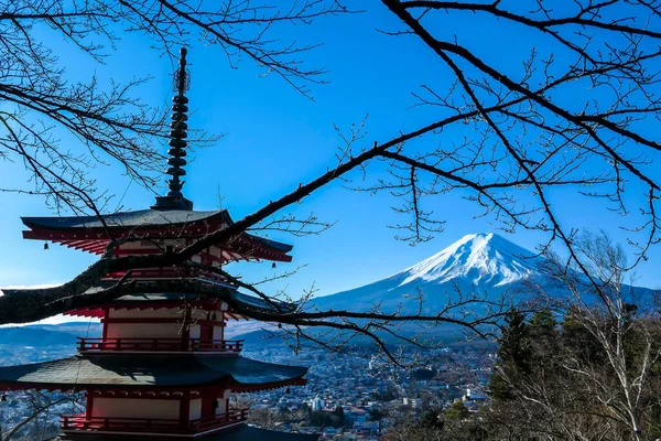 冬の晴れた日に撮影された 日本の富士山の中央塔と山の景色 火山の頂上は雪で覆われていた 木はまだ咲いていません 日本からのはがき — ストック写真