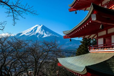 View on Chureito Pagoda and mountain of the mountains Mt Fuji, Japan captured on a clear, sunny day in winter. Top of the volcano covered with snow. Trees aren't blossoming yet. Postcard from Japan.