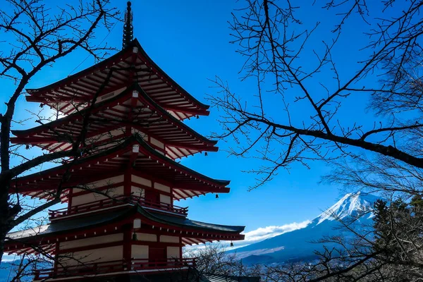 冬の晴れた日に撮影された富士山の中央塔と山の景色 火山の頂上は雪で覆われていた 木はまだ咲いていません 日本からのはがき — ストック写真
