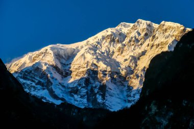 A close up view on snow caped Himalayan peak seen from Annapurna Circuit Trek, Nepal. Sharp and steep slopes of the mountain. Powder snow being blown by strong wind. First sunbeams reaching the peak