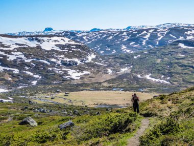 Büyük sırt çantalı bir kız Norveç 'in dağlık kesimlerinde yürüyüş yapıyor. İz zar zor işaretlenmiş. Taze yeşil çimenler. Arka taraftaki yüksek dağlar kısmen karla kaplı. Vahşi doğa ve özgürlük