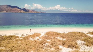 A drone shot of a girl playing on the beach on a small island near Maumere, Indonesia. Happy and careless moments. The coast changes colors from white to turquoise and navy blue. There are few islands