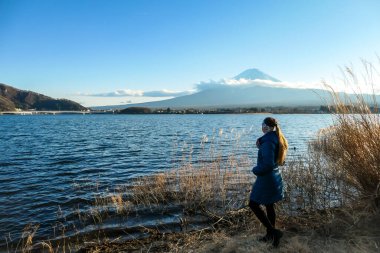 A woman walking in between golden grass at the shore of Kawaguchiko Lake, Japan with the view on Mt Fuji. The girl is enjoying the view on the volcano. The mountain surrounded by clouds. Serenity