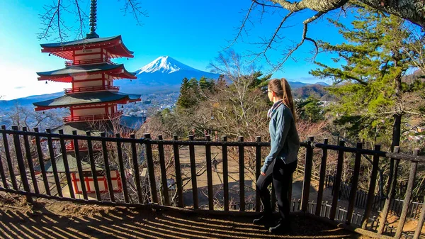 晴れた冬の晴れた日に撮影された 日本の富士山を望む美少女 火山の頂上は雪で覆われていた 女の子は 自然の美しさを考えて 彼女の時間を楽しんでいる — ストック写真