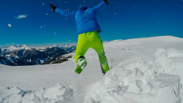 Moelltaler Gletscher Austria Man Jumping Out Snowdrift Lots Snow Him — Foto de Stock