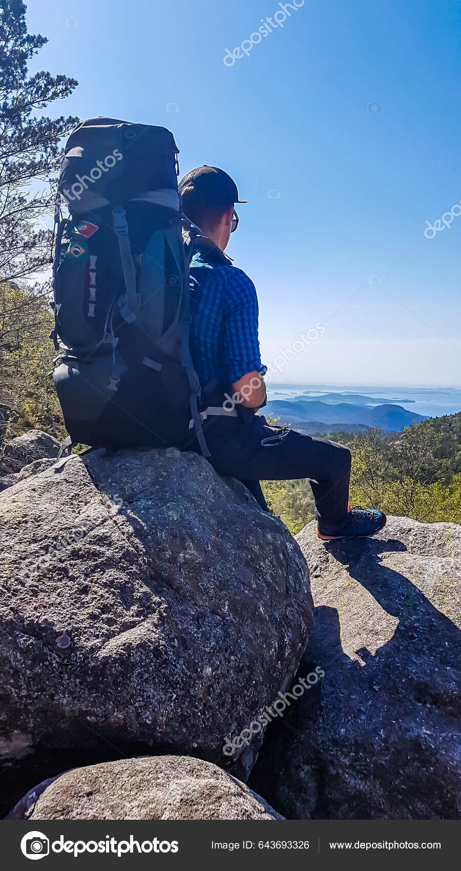 Young Man Huge Hiking Backpack Sits Rock Enjoys View Front