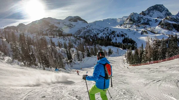 Morning Alps Nassfeld Austria Young Skier Stands Graveled Slope His — 图库照片