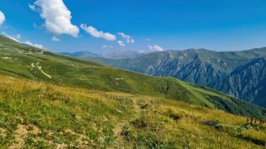 Gürcistan 'daki yüksek Kafkasya dağlarında panoramik bir manzara. Arkada yüksek, karlı tepeler var. Önünde yemyeşil bir çayır var. Idyllic manzara. Sakinlik ve meditasyon. Doğal tedavi.