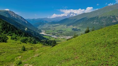 Gürcistan 'daki Mulkhura nehrinin kıyısındaki bir dağ köyü olan Zhabeshi' nin panoramik manzarası. Yüksek Kafkas dağ zincirleri. Birkaç ineğin otladığı yemyeşil otlaklar. Idyllic