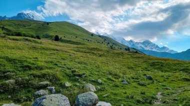 Gürcistan 'ın Büyük Kafkasya Dağları' ndaki Tetnuldi, Gistola ve Lakutsia 'nın karlı zirvelerine panoramik bir manzara. Çayırları yemyeşil tepeler, keskin tepeler, gezgin şehvet.