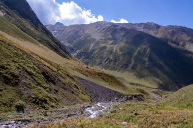 Gürcistan, Kazbegi Bölgesi 'ndeki Büyük Kafkasya Dağları' ndaki bir vadiden aşağı akan Roshka Nehri. Vahşi doğa, uzak konum, yalnızlık, dere. Juta-Roshka 'da yürüyüş parkurunda. Seyahat tutkusu