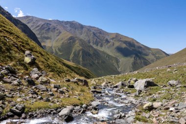 Gürcistan, Kazbegi Bölgesi 'ndeki Büyük Kafkasya Dağları' ndaki bir vadiden aşağı akan Roshka Nehri. Vahşi doğa, uzak konum, yalnızlık, dere. Juta-Roshka 'da yürüyüş parkurunda. Seyahat tutkusu