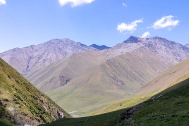 Gürcistan, Kazbegi Bölgesi 'ndeki Büyük Kafkasya Dağları' ndaki Chaukhi topluluğunun yüksek dağ zirvelerinde panoramik bir manzara. Yeşil yemyeşil otlakları olan bir vadi. Seyahat tutkusu. Uzak konum.