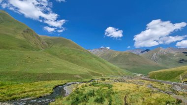 Gürcistan, Kazbegi Bölgesi 'ndeki Büyük Kafkasya Dağları' ndaki bir vadiden aşağı akan Roshka Nehri. Vahşi doğa, uzak konum, yalnızlık, dere. Juta-Roshka 'da yürüyüş parkurunda. Seyahat tutkusu