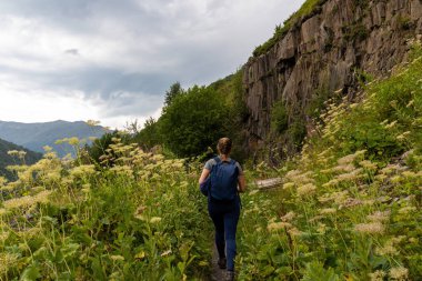 Georgia, Svaneti Bölgesi 'ndeki Büyük Kafkasya Dağları' ndaki bir çayırda yürüyüş yapan bir kadın. Yüksek bitkiler yürüyüş yolunu çevreliyorlar. Vadi boyunca kaya oluşumları. Seyahat tutkusu