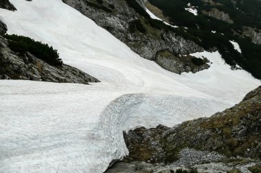 Avusturya 'nın Yukarı Styria bölgesindeki Hochschwab Bölgesi' nin bulutlarla kaplı zirvelerinde Hochschwab Platosu 'nun göbeğinde kalan kar tarlaları. Güzel Alpler 'de puslu bir atmosfer, Avrupa