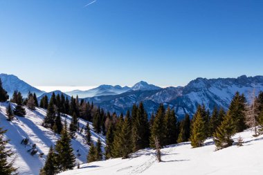 Avusturya, Carinthia 'daki Karawanks dağlarının karla kaplı tepelerinde panoramik manzara. Julian Alps. Avusturya Alpleri, Avrupa 'da kış harikalar diyarı. Kayak turu, kar ayakkabısı yürüyüşü. Hochobir. Mavi sisli tepeler.