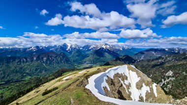 Frauenkogel 'den (Dovska Baba) Karawanks ve Julian Alps, Carinthia, Avusturya' daki dağ zirvelerinde panoramik manzara. Avusturya, Slovenya, İtalya sınırlarında. Triglav Ulusal Parkı. Triglav Dağı, Mangart