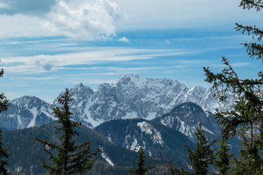 Avusturya 'nın Carinthia kentindeki Sinacher Gupf' a giden Karawanks tepelerinin kar manzaralı manzarası. Wertatscha Dağı, ilkbaharın başlarında sık ormanlardan görülebilir. Güneşli bir günde Rosental. Yürüyüş.