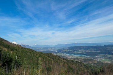 Avusturya, Carinthia 'daki Sinacher Gupf' a giden Rosental Vadisi 'ndeki Drava nehrinin manzarası. İlkbaharın başında orman. Hohe Tauern dağ sırası arka tarafta görülebilir. Güneşli bir gün. Koşun!