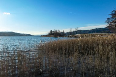Avusturya, Carinthia 'daki Poertschach' tan Reed 'in Woerthersee' ye bakış açısı. Schlangeninsel (yılan adası) üzerinde bir köprü. Açık gökyüzü olan güneşli bir sonbahar günü. Woerth Gölü. Karawanks Alpleri