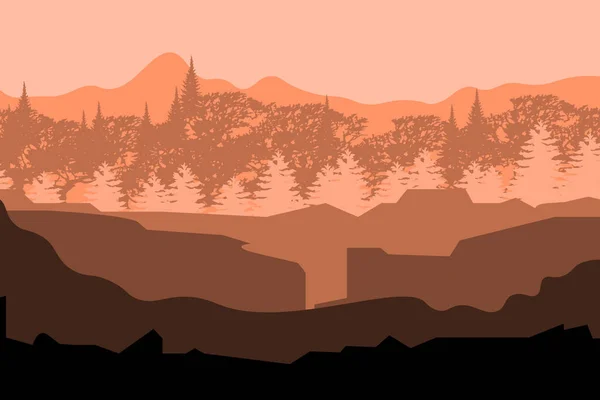 Silhouette Une Forêt Avec Montagnes Coucher Soleil Paysage — Image vectorielle