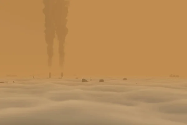 Panorama Une Ville Polluée Avec Deux Cheminées État Marche Émettant — Photo