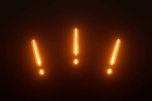 three exclamation marks made with vintage light bulbs, warning attention mark, isolated for overlay, 3d illustration