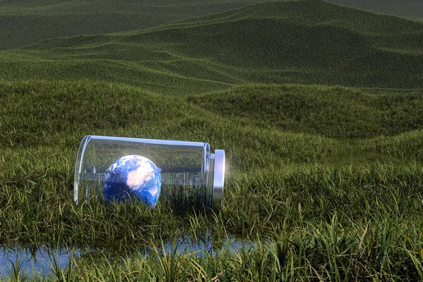 Glass Jar Filled Earth Sits Atop Lush Green Field Symbol — Stock Photo, Image