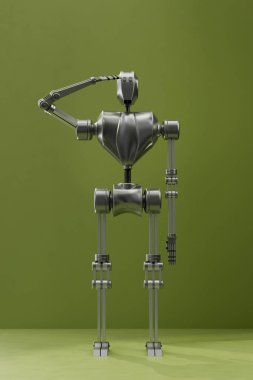 Bir stüdyo arkaplanında, bir robot askerin selamını gösterir, programlanmış bağlılık ve disiplini yansıtır, tam boy