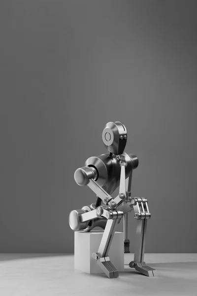 Одинокий Робот Приймає Позу Мислителя Демонструючи Свою Здатність Передавати Глибоке Стокове Зображення