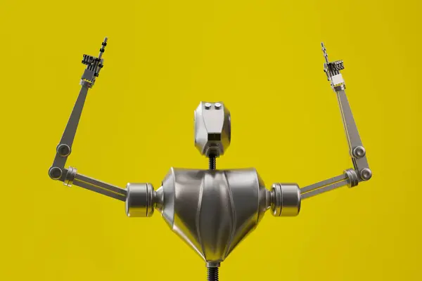 Робот Впевнено Вказує Два Пальці Вгору Передаючи Відчуття Інновацій Прагнення Ліцензійні Стокові Фото