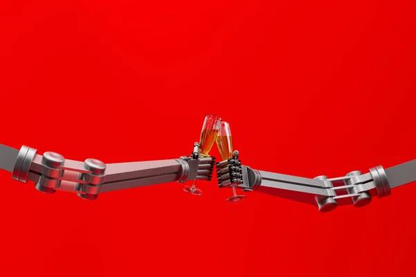 Металеві Руки Двох Роботів Делікатно Клонують Келихи Шампанського Святкуванні Крупним Стокове Фото