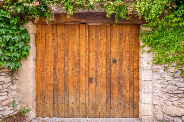 Rustic double wooden entrance gate doors in an exterior stone wall, framed by climbing vines, in Provence, France.