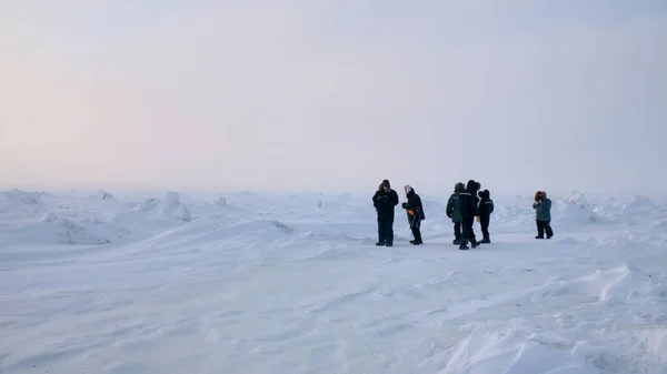 Širokoúhlý Pohled Malou Skupinku Turistů Zamrzlé Arktické Krajině Stojící Mezi — Stock fotografie