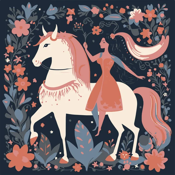 Krásná Princezna Kůň Květinami Vektorové Ilustrační Design — Stockový vektor